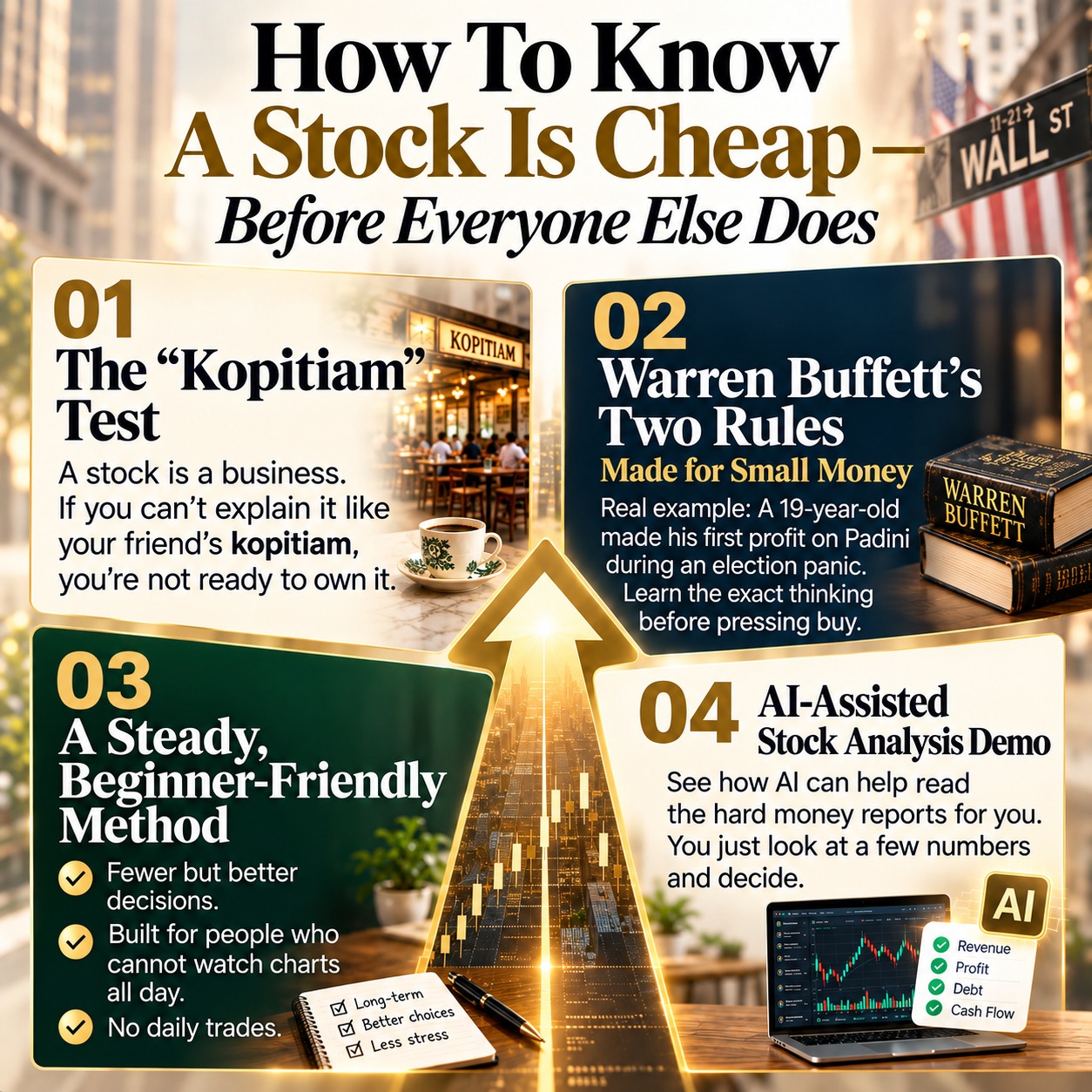 Day 1 lessons: the Kopitiam test, Warren Buffett's two rules, a beginner-friendly method, and an AI-assisted stock analysis demo.