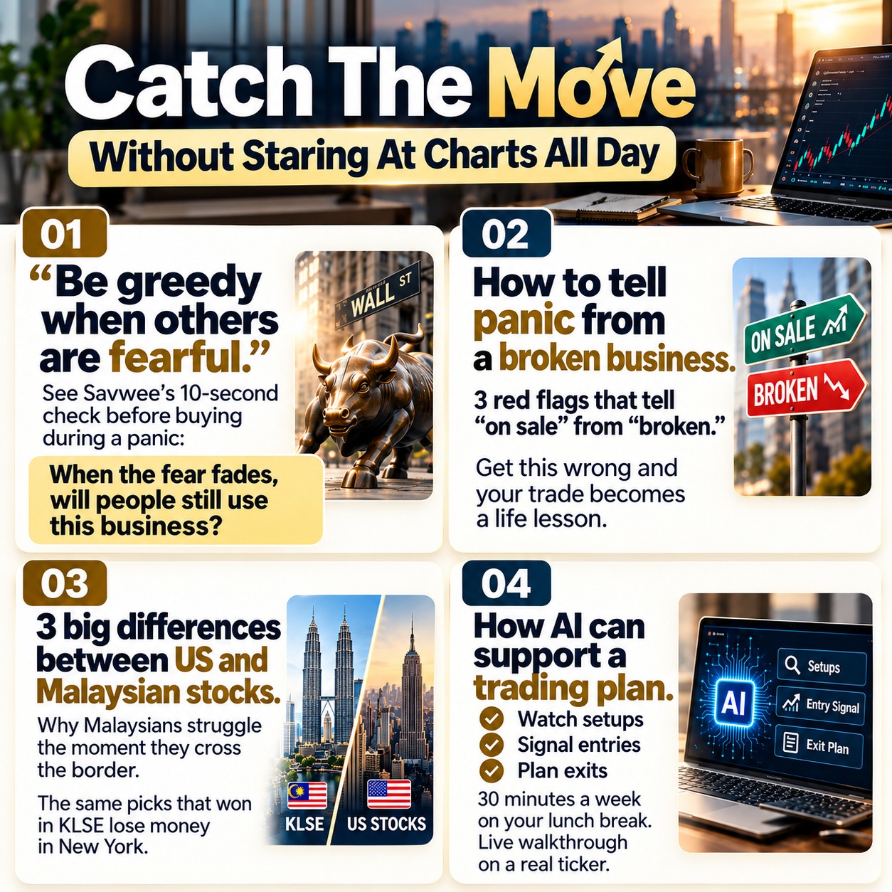Day 2 lessons: buying during fear, spotting broken businesses, US versus Malaysian stocks, and using AI in a trading plan.