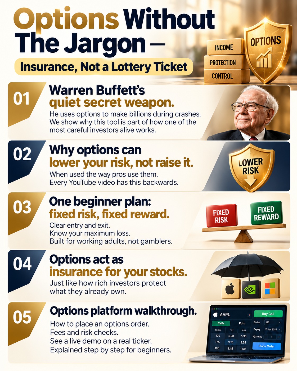 Day 3 lessons: controlled-risk options, fixed risk and reward, stock insurance, and a beginner options platform walkthrough.