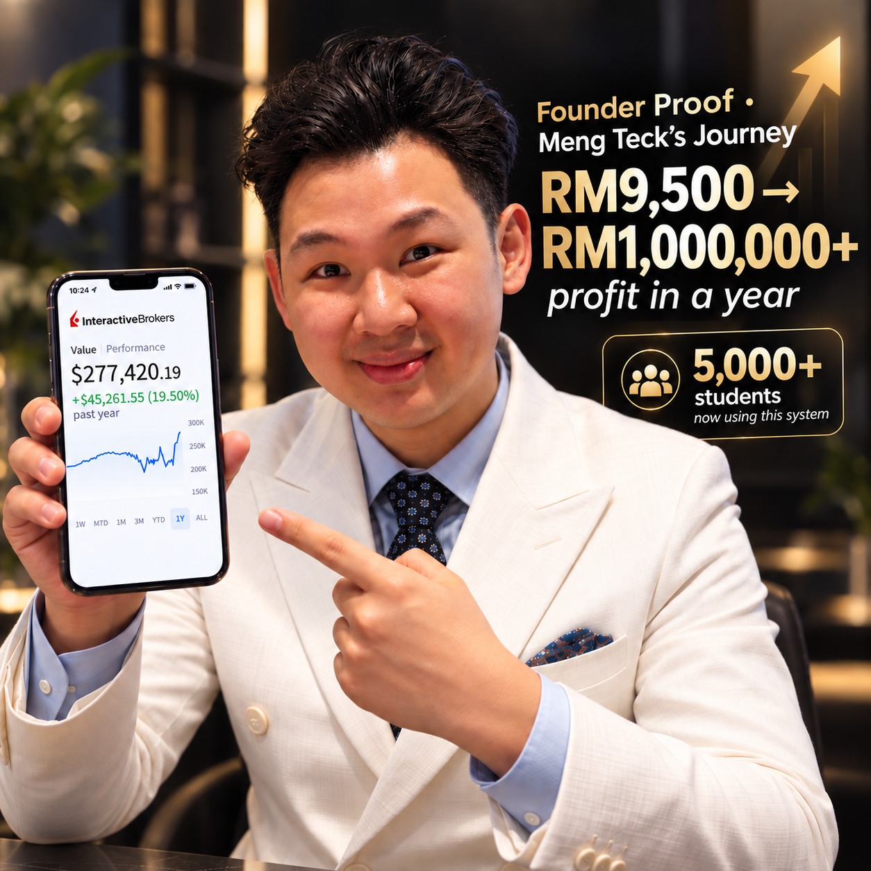 Meng Teck holding a phone showing his Interactive Brokers investment results, with his founder journey and student milestone